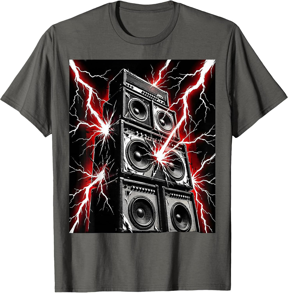 Amplifier Stack Lightning Bolt Rock Music Graphic T-Shirt - Asphalt Grey