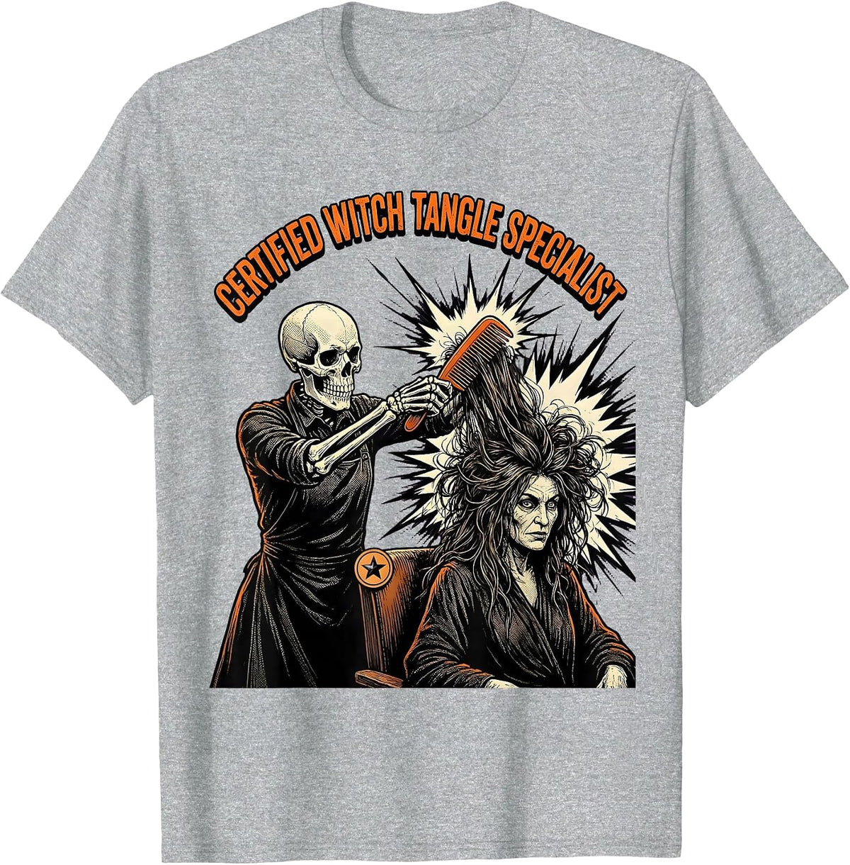 Men's Certified Witch Tangle Specialist Comic Book Skeleton T-Shirt - Heather Grey