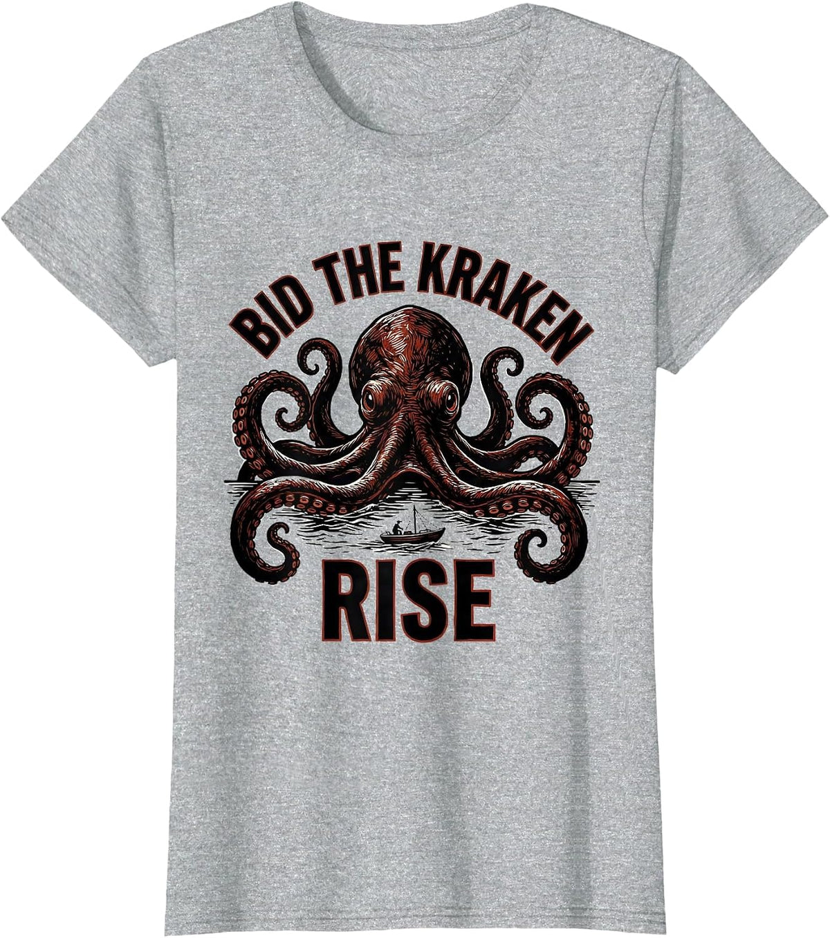 Bid The Kraken Rise Linocut Vintage Sea Monster Octopus T-Shirt - Heather Grey
