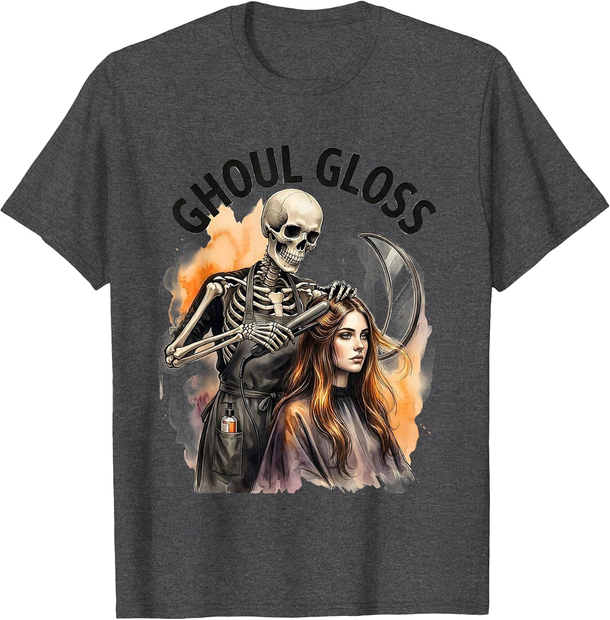 Men's Ghoul Gloss Watercolor Skeleton Hairstylist Halloween Barber T-Shirt - Dark Heather Grey