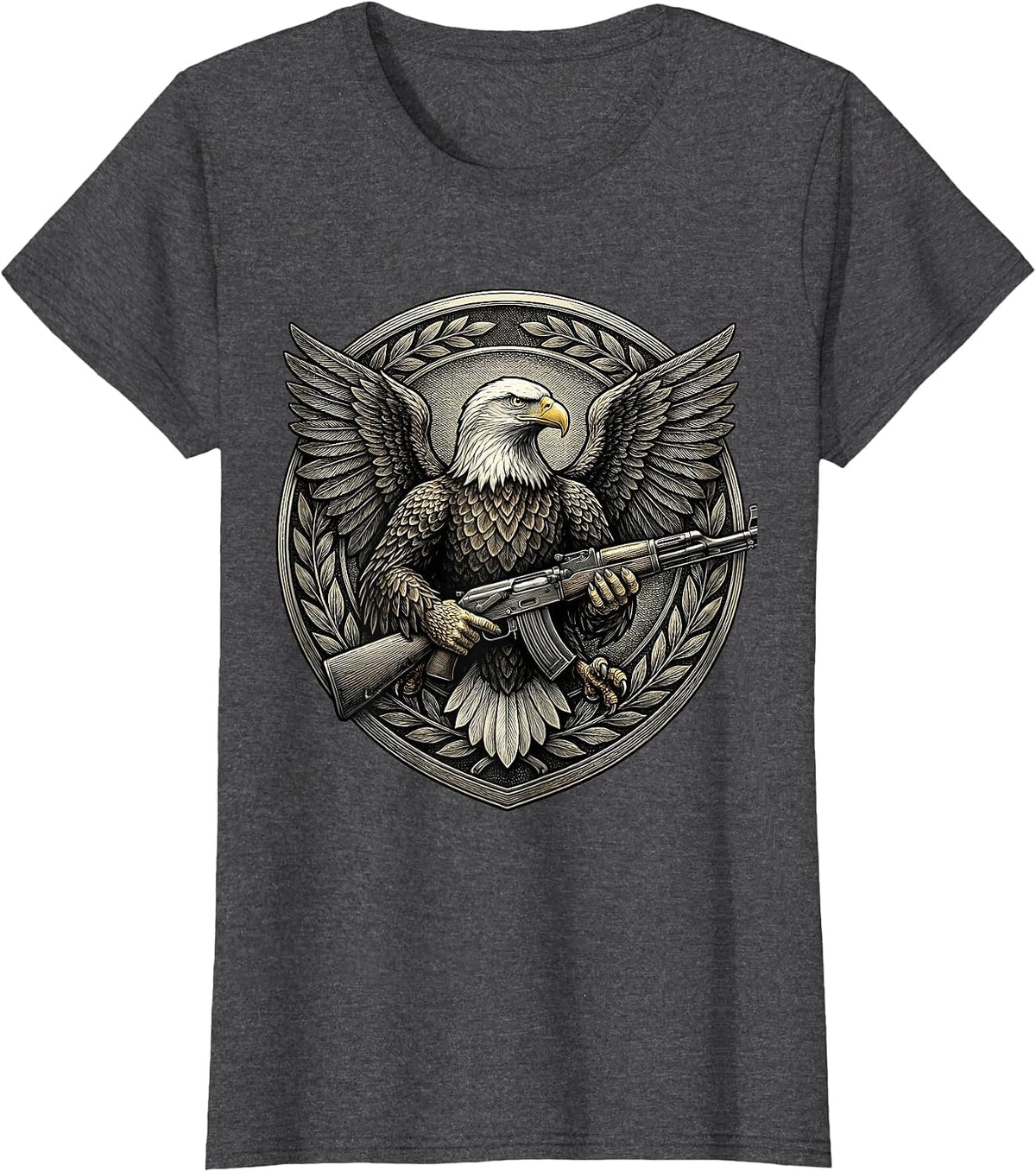 Women's US Army Eagle Clutching Rifle Patriotic Graphic T-Shirt - Dark Heather Grey