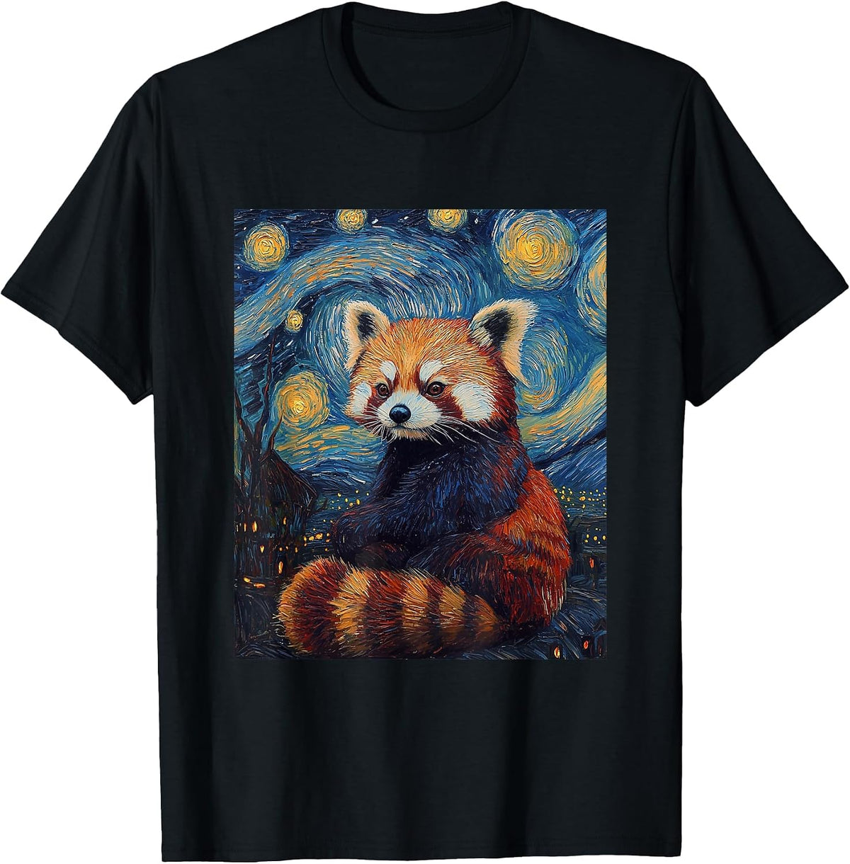 Cute Red Panda Bear Van Gogh Style Starry Night Graphic T-Shirt - Black