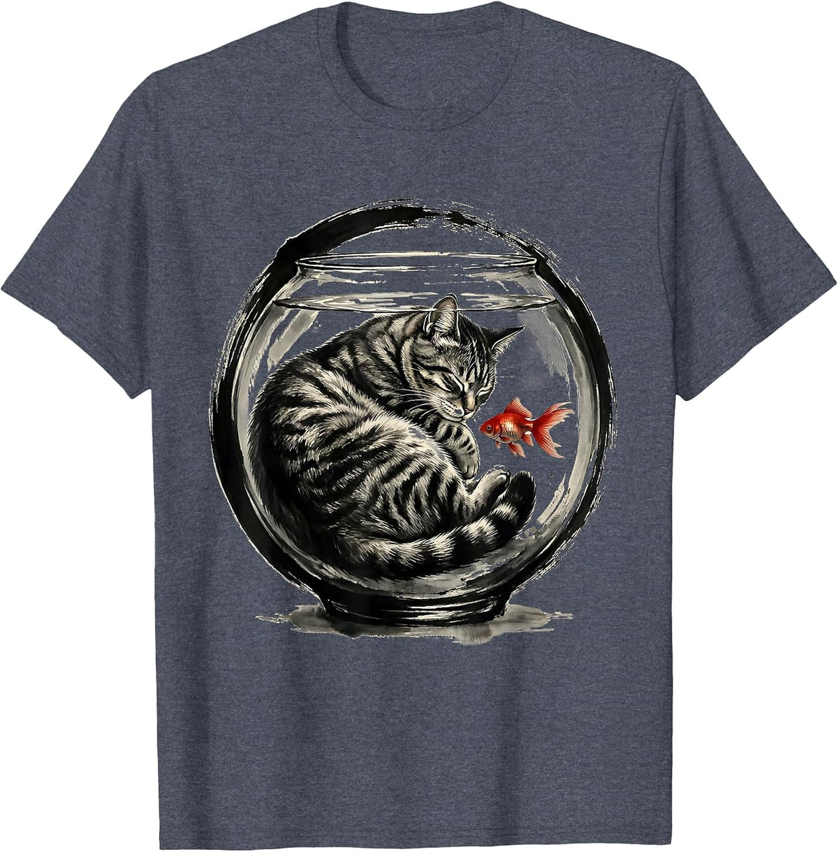 Cozy Tabby Cat Curled Inside Fishbowl Graphic T-Shirt - Heather Blue