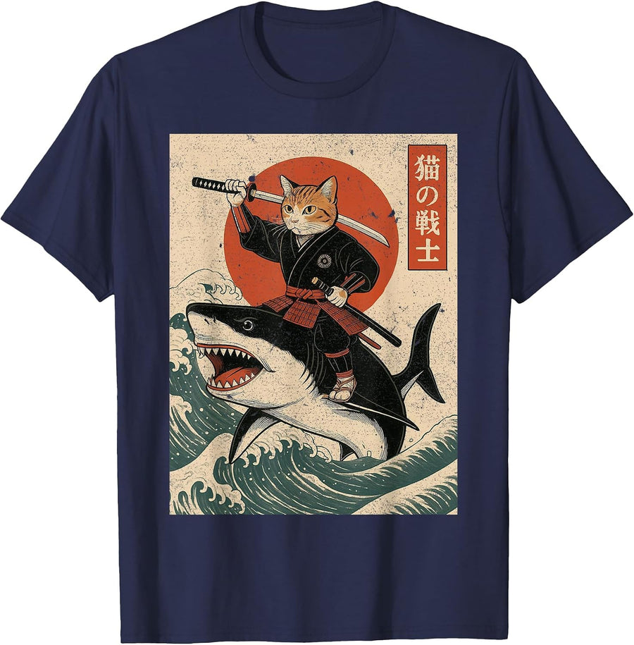 Vintage Anime Cat Japanese Funny Samurai Cat Riding Shark T-Shirt - Navy Blue