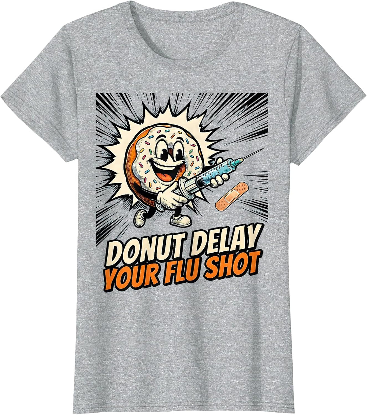 Donut Delay Your Flu Shot Comic Book Nurse Medical Humor T-Shirt - Heather Grey