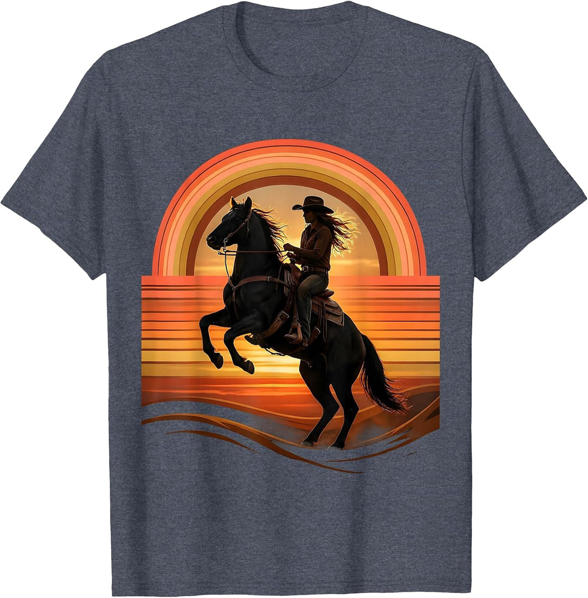 Black Cowgirl Rearing Horse Dusk Western Art T-Shirt - Heather Blue