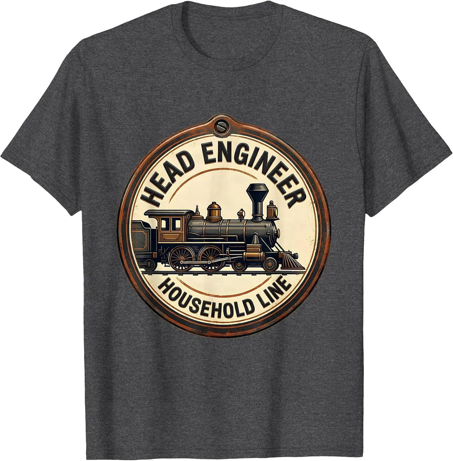 Men's Head Engineer Household Line Vintage Steam Locomotive Train T-Shirt - Dark Heather Grey