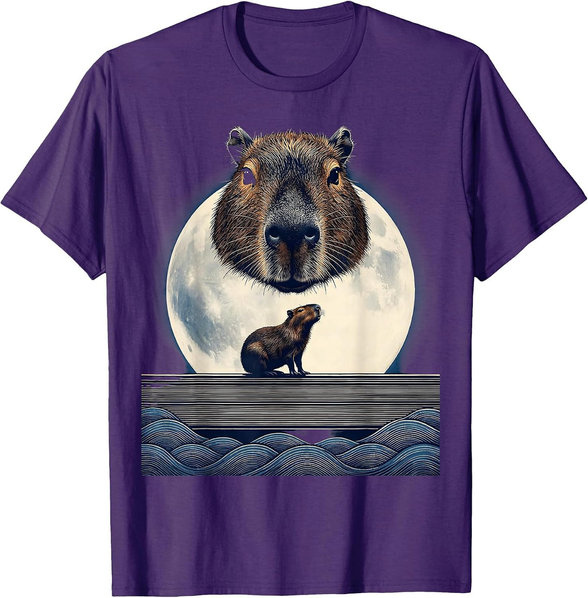 Men's Capybara Head Mask Ukiyo-e Howling Moon Meme T-Shirt - Purple