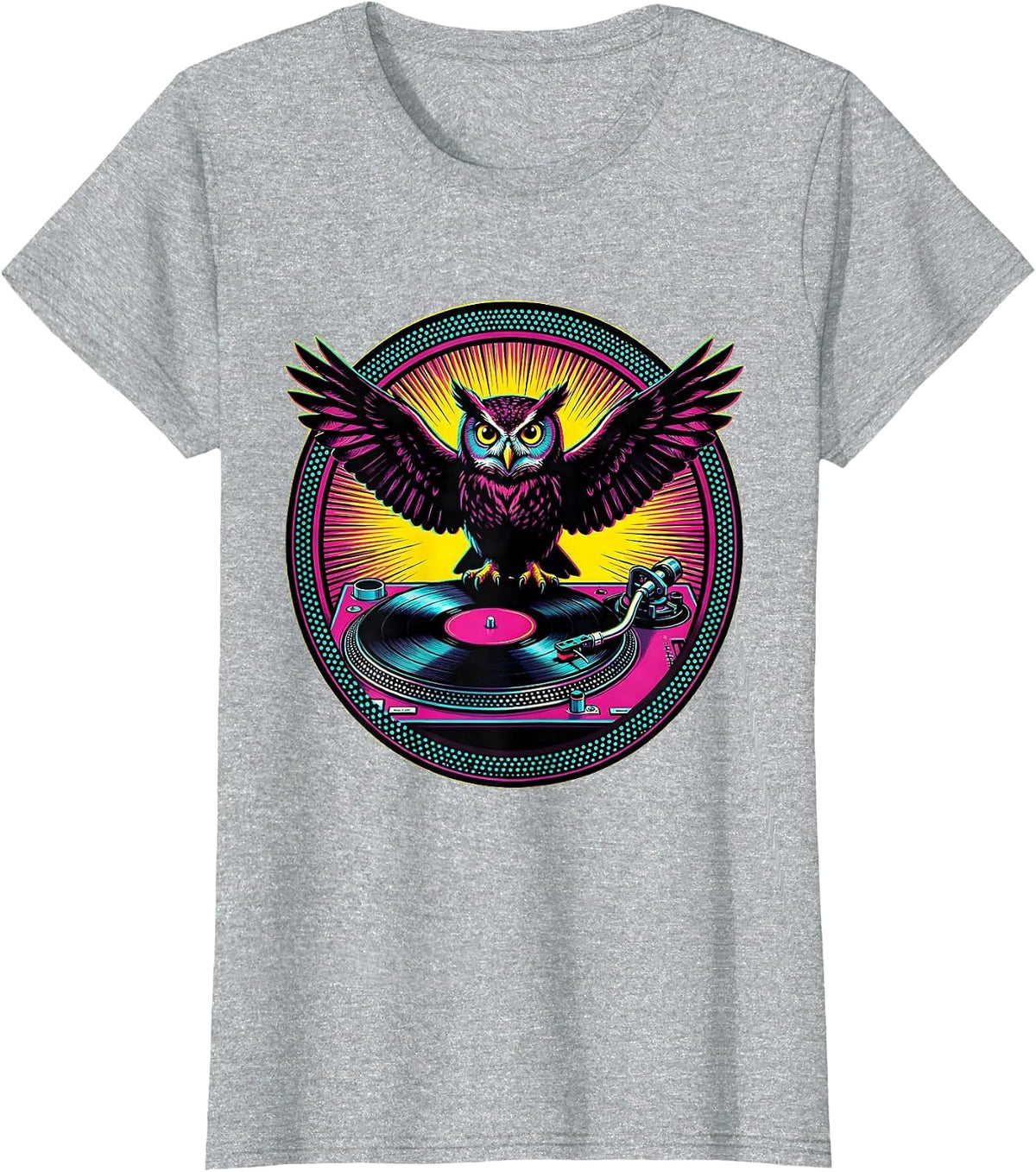 Women's Owl on Vintage Turntable Rock and Roll Design T-Shirt - Heather Grey
