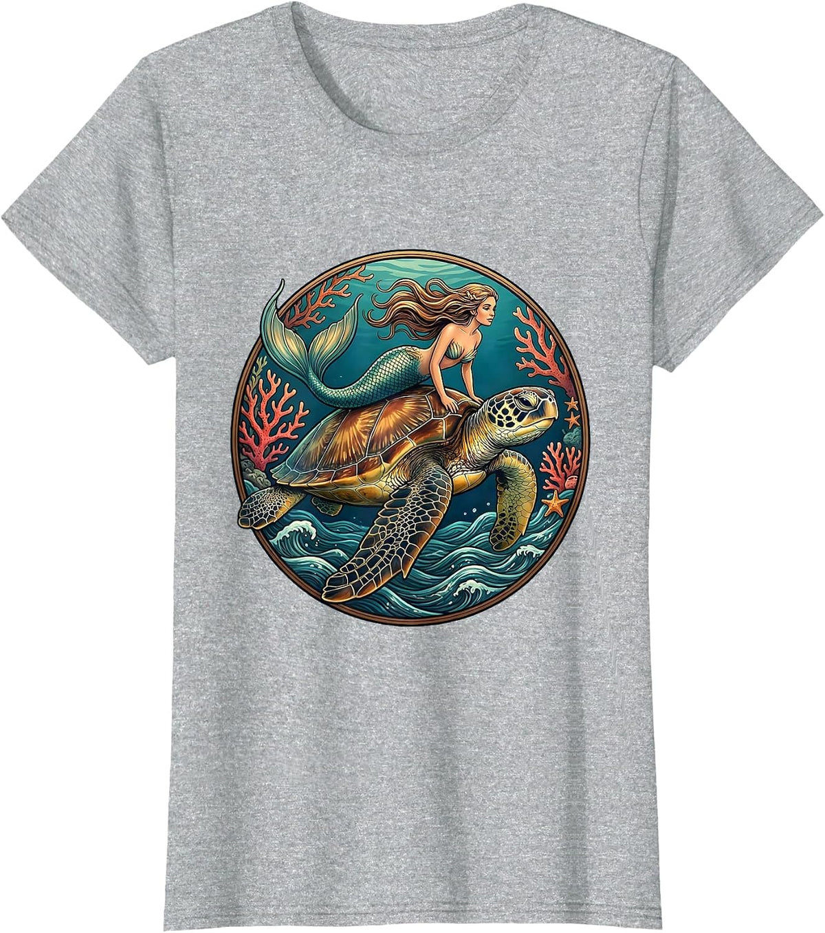 Mermaid Riding Giant Sea Turtle Ocean Art T-Shirt - Heather Grey
