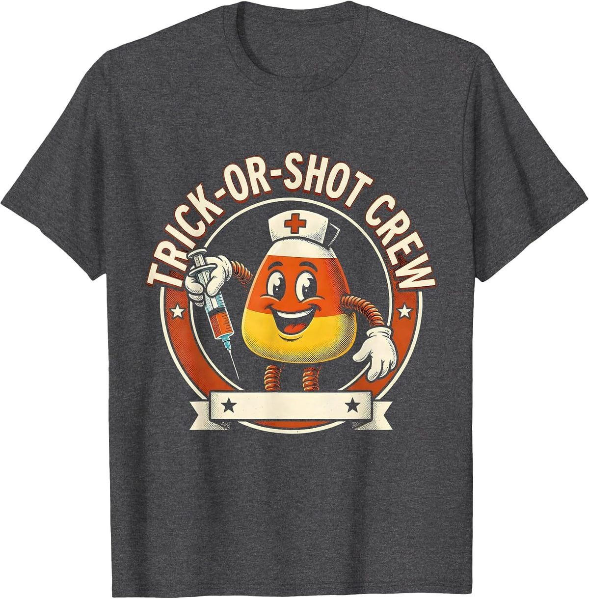 Trick-Or-Shot Crew Retro Cartoon Nurse Halloween Humor T-Shirt - Dark Heather Grey