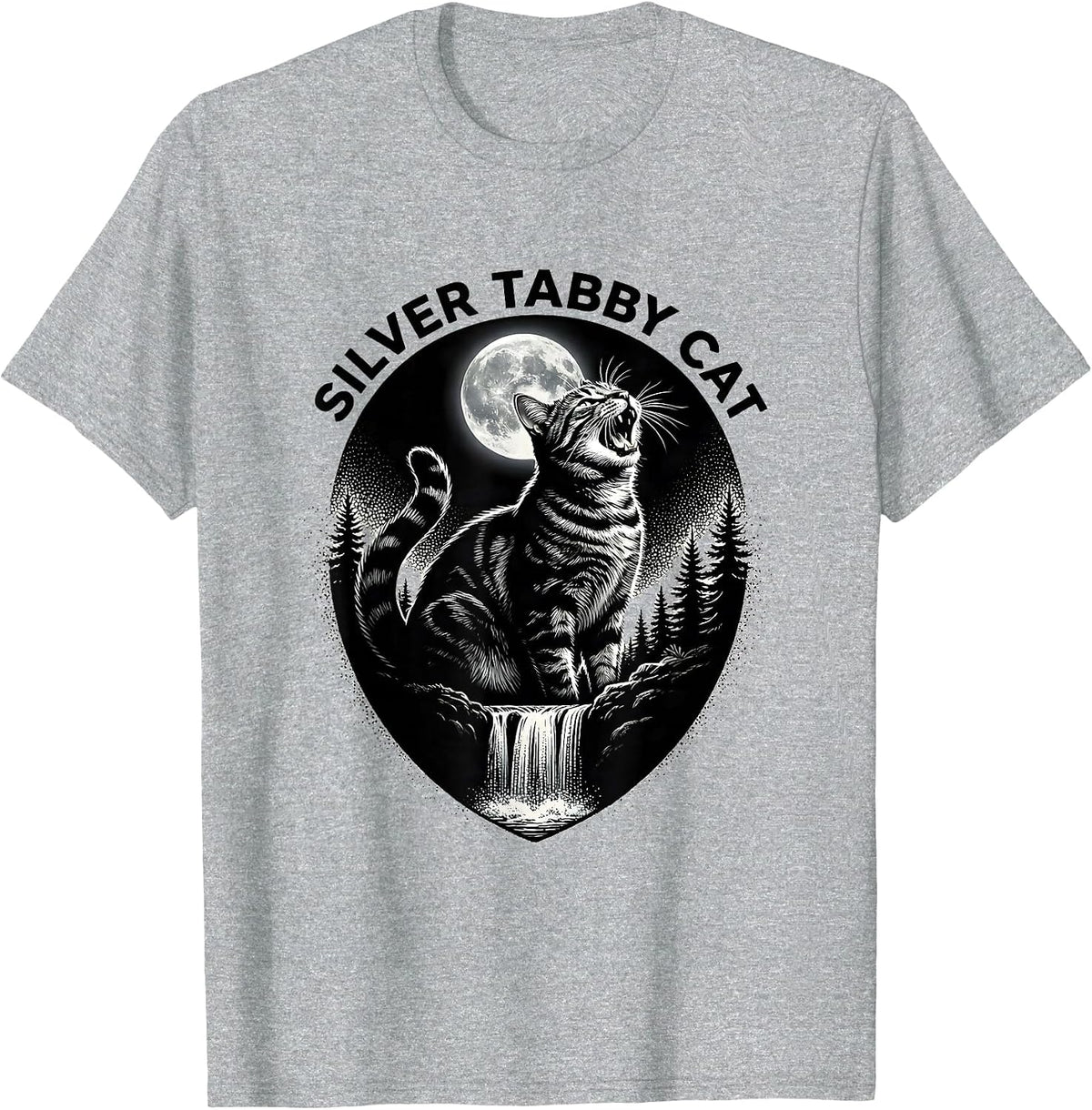 Men's Silver Tabby Cat Howling at Moon 90's Retro T-Shirt - Heather Grey