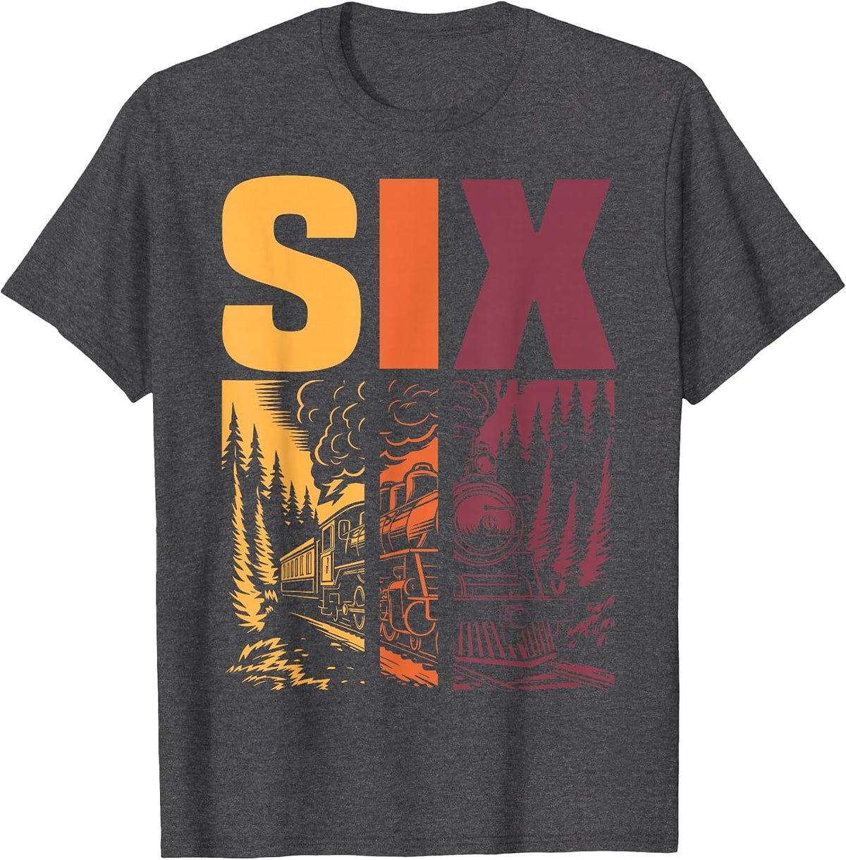 Vintage Train 6th Birthday Six Year Old Boys Locomotive T-Shirt - Dark Heather Grey