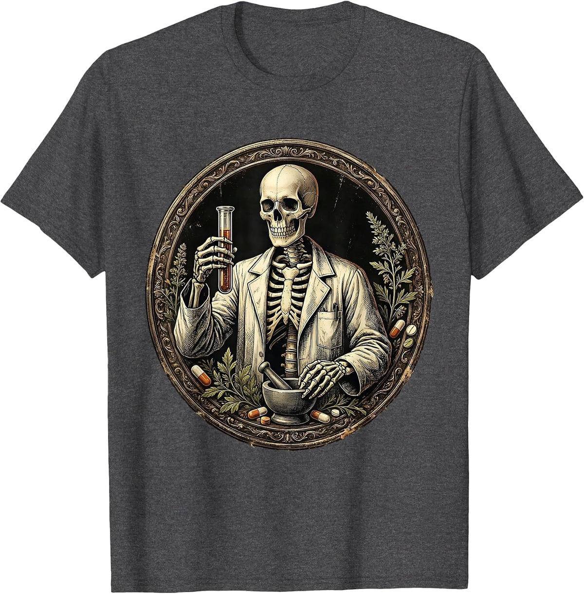Skeleton Pharmacy Technician Lab Coat Medicine Vial T-Shirt - Dark Heather Grey