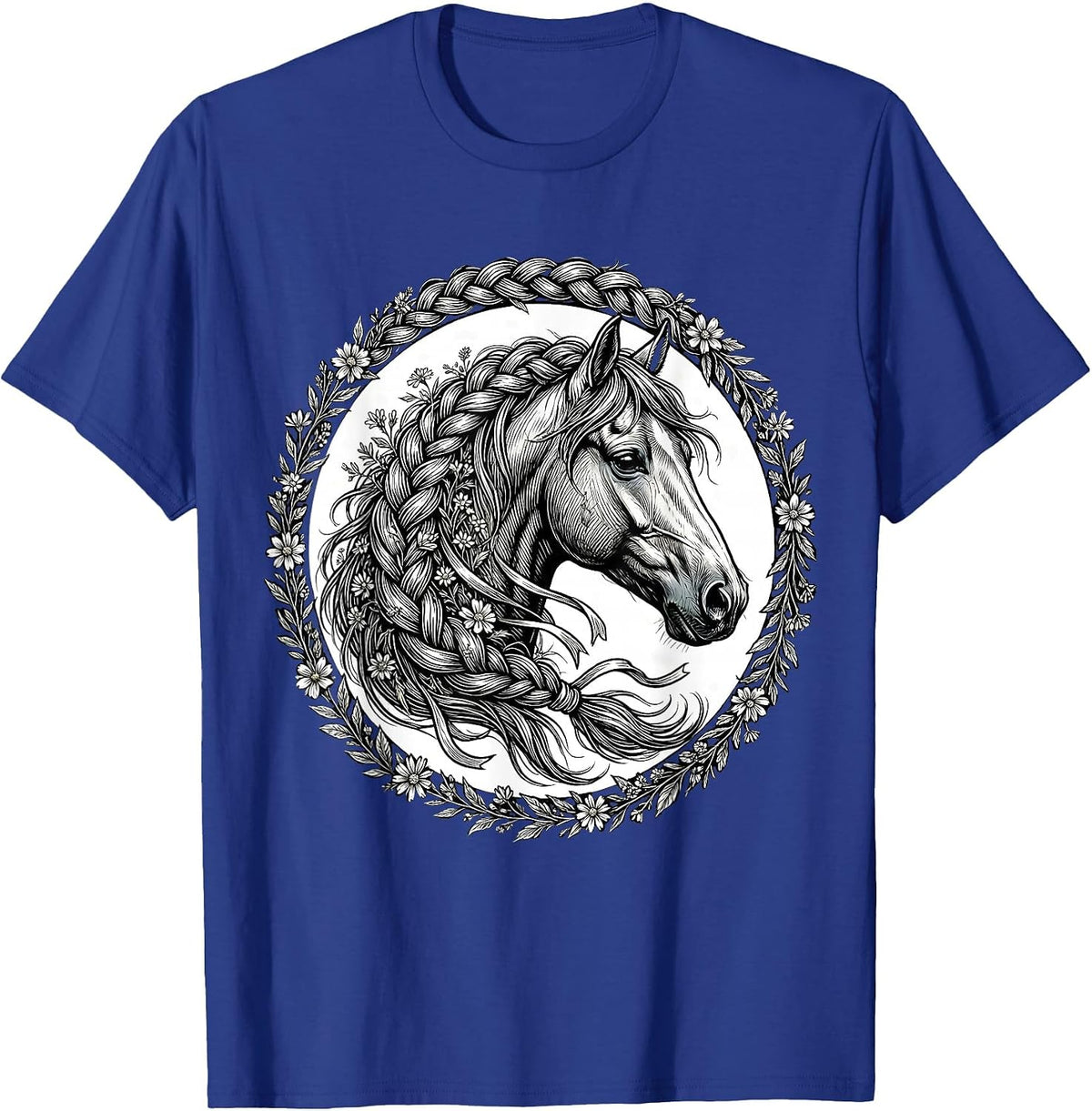 Braided Horse Mane Wildflowers and Ribbon Art T-Shirt - Royal Blue