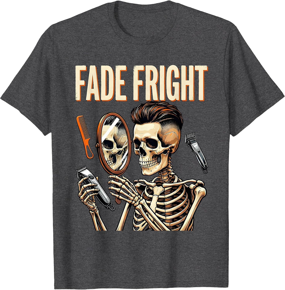 Fade Fright Screenprint Skeleton Barber Halloween T-Shirt - Dark Heather Grey