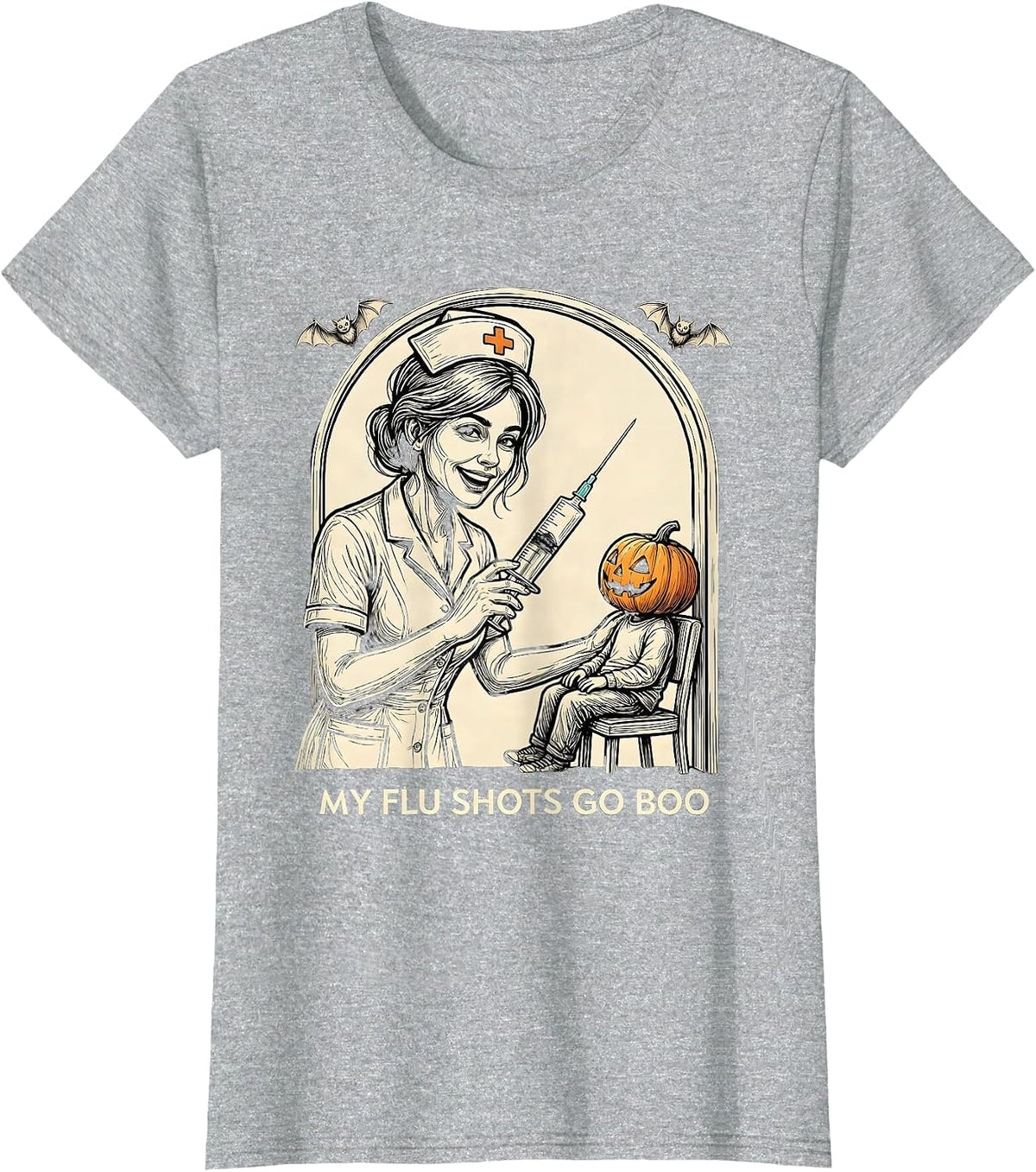 Women's My Flu Shots Go Boo Funny Nurse Ghost Halloween Vaccine T-Shirt - Heather Grey