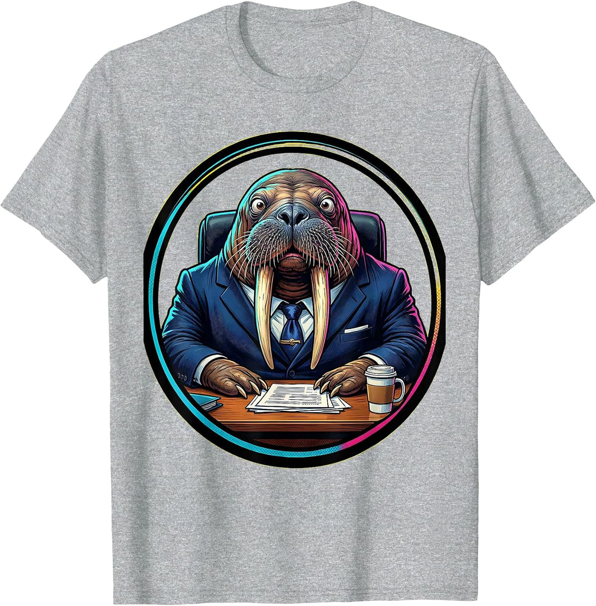 Men's Funny Walrus Business Suit Office Desk Graphic T-Shirt - Heather Grey
