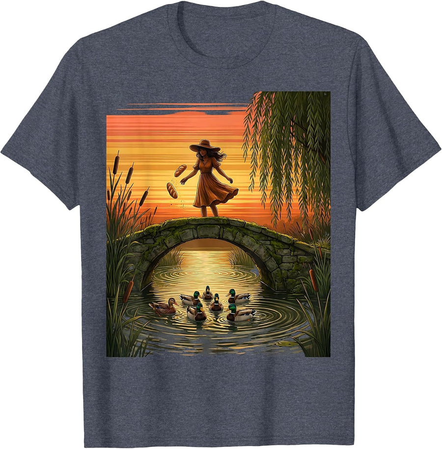 Girl Feeding Ducks by a Mossy Bridge T-Shirt - Heather Blue