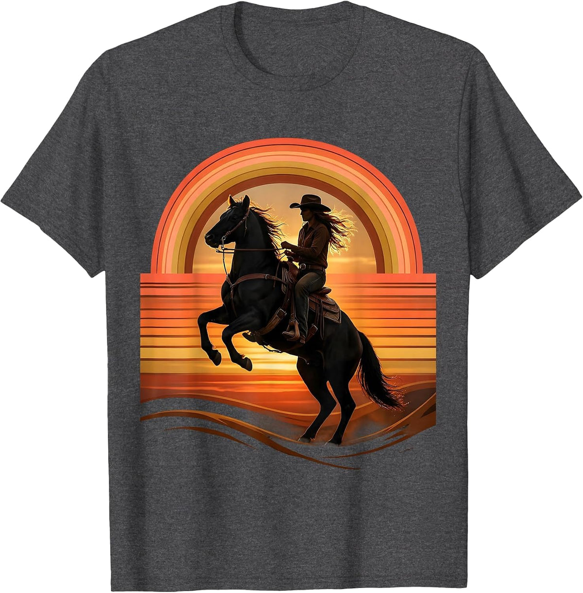 Black Cowgirl Rearing Horse Dusk Western Art T-Shirt - Dark Heather Grey