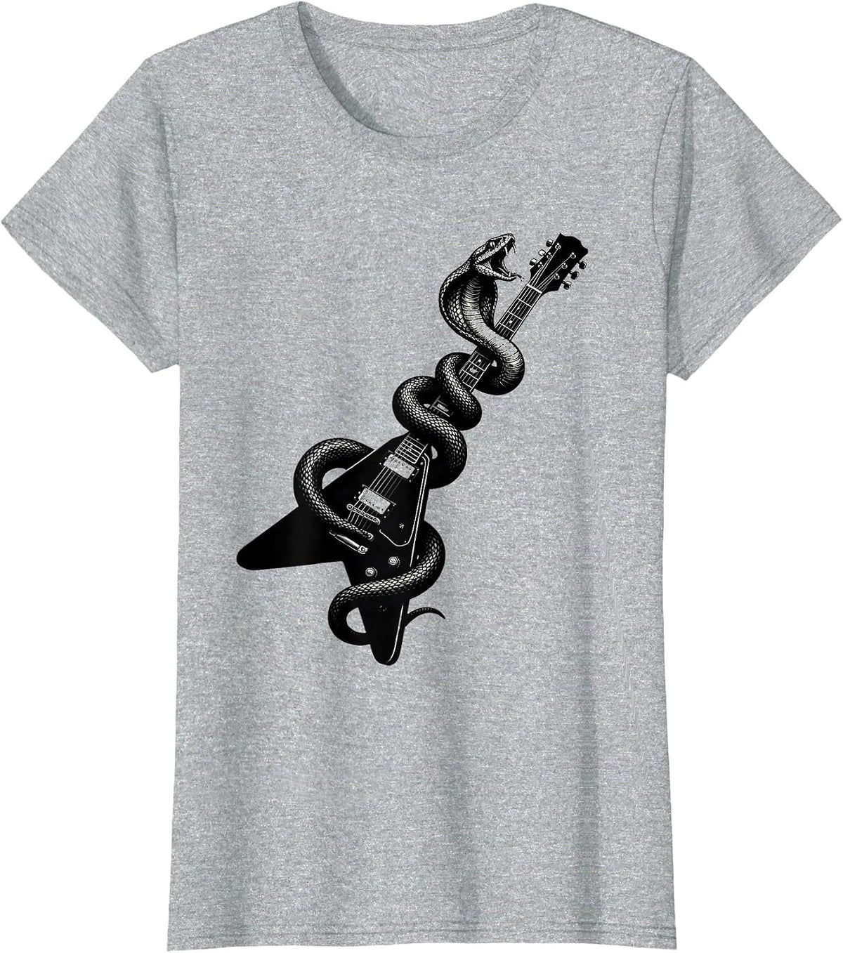 Snake Coiled Around Flying-V Guitar Rock Design T-Shirt - Heather Grey
