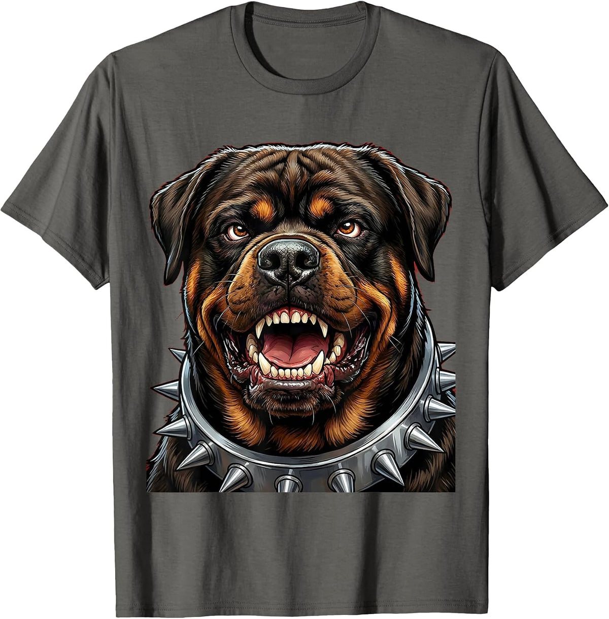 Growling Rottweiler Spiked Collar Graphic Design T-Shirt - Asphalt Grey