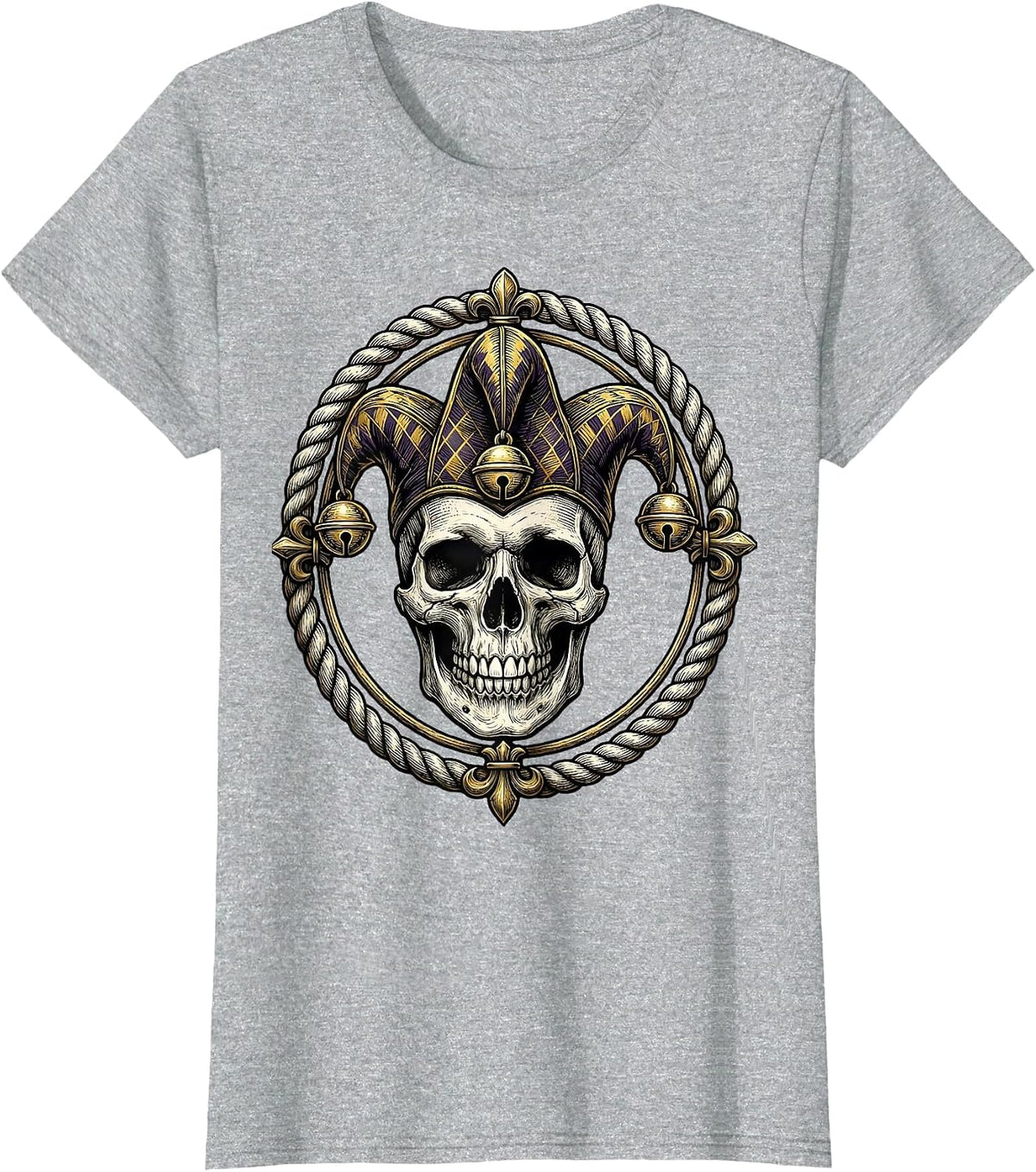 Mardi Gras Jester Skull Three-Pointed Hat T-Shirt - Heather Grey