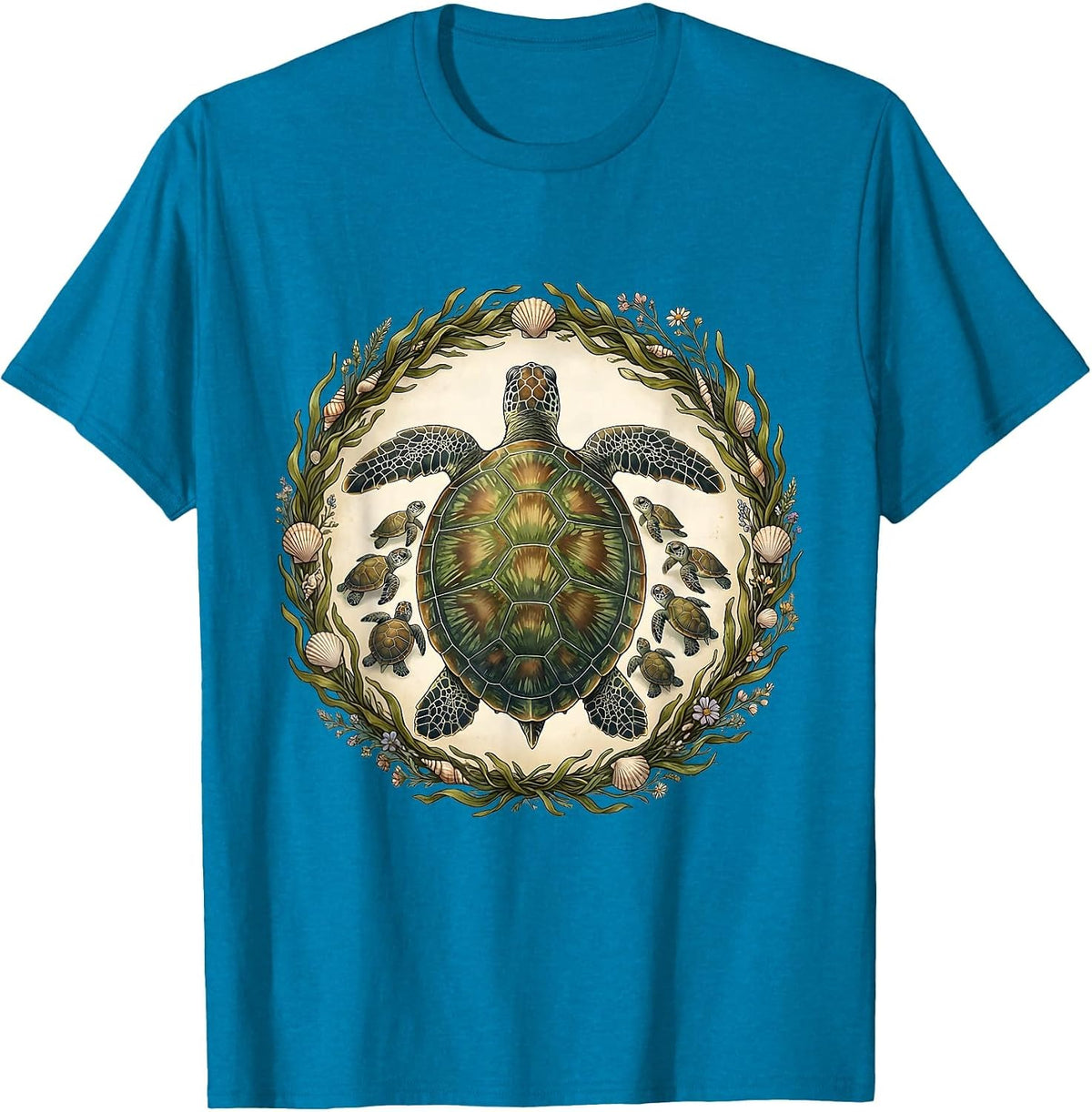 Mother Turtle and Hatchlings Beach Illustration T-Shirt - Sapphire Blue