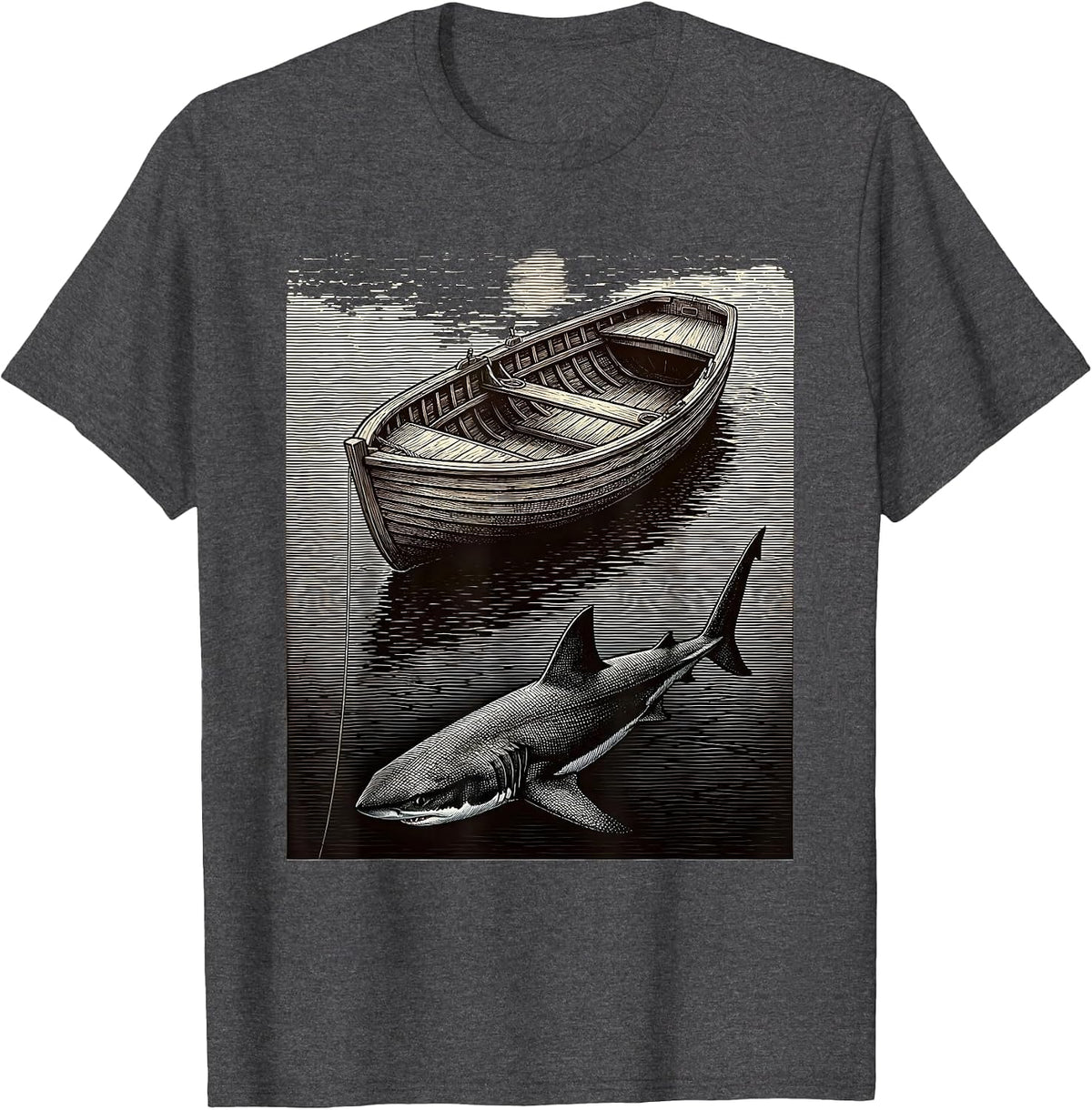 Shark Fin Circling Fishing Boat Graphic Tee T-Shirt - Dark Heather Grey