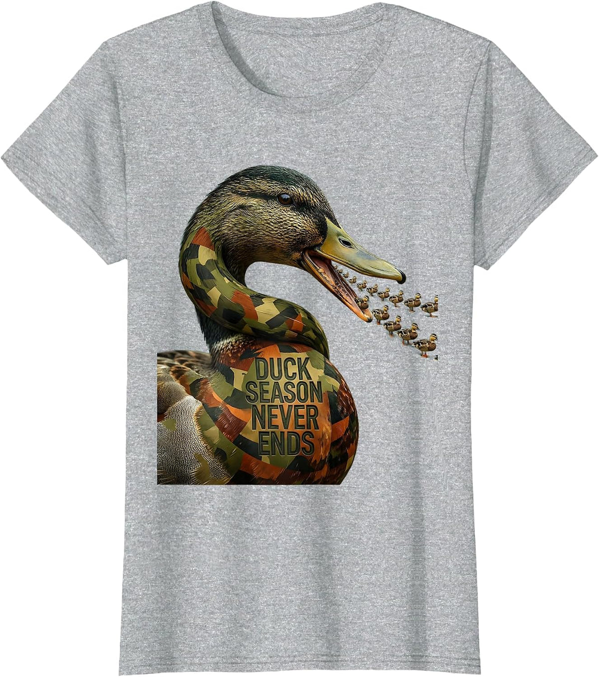 Women's Duck Camo Duck Season Never Ends Design T-Shirt - Heather Grey