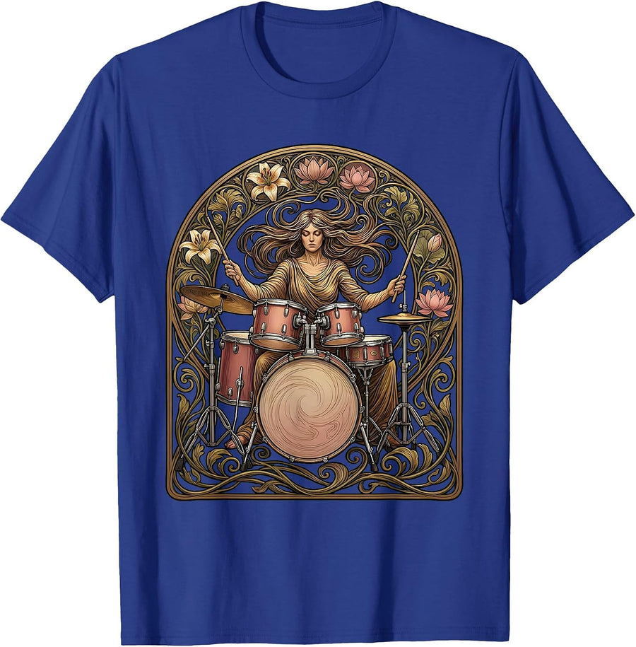 Drummer Girl Flying Drumsticks Band Graphic T-Shirt - Royal Blue