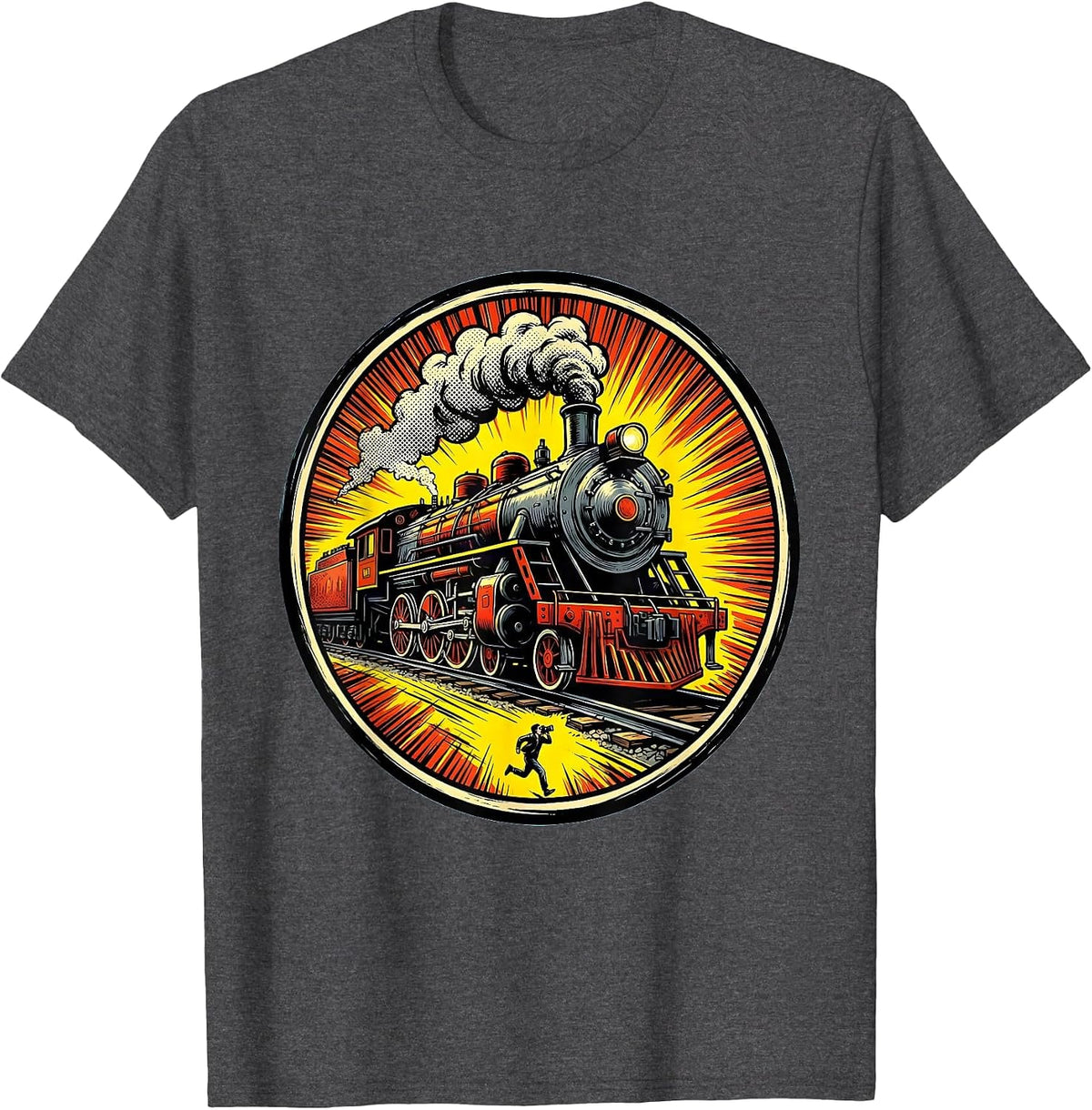Steam Locomotive Comic Book Train Enthusiast Retro T-Shirt - Dark Heather Grey