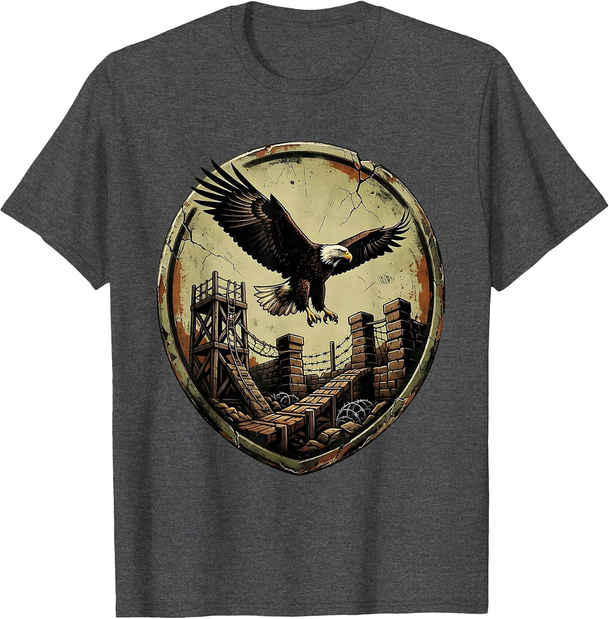 Eagle Soaring Over Military Obstacle Course T-Shirt - Dark Heather Grey