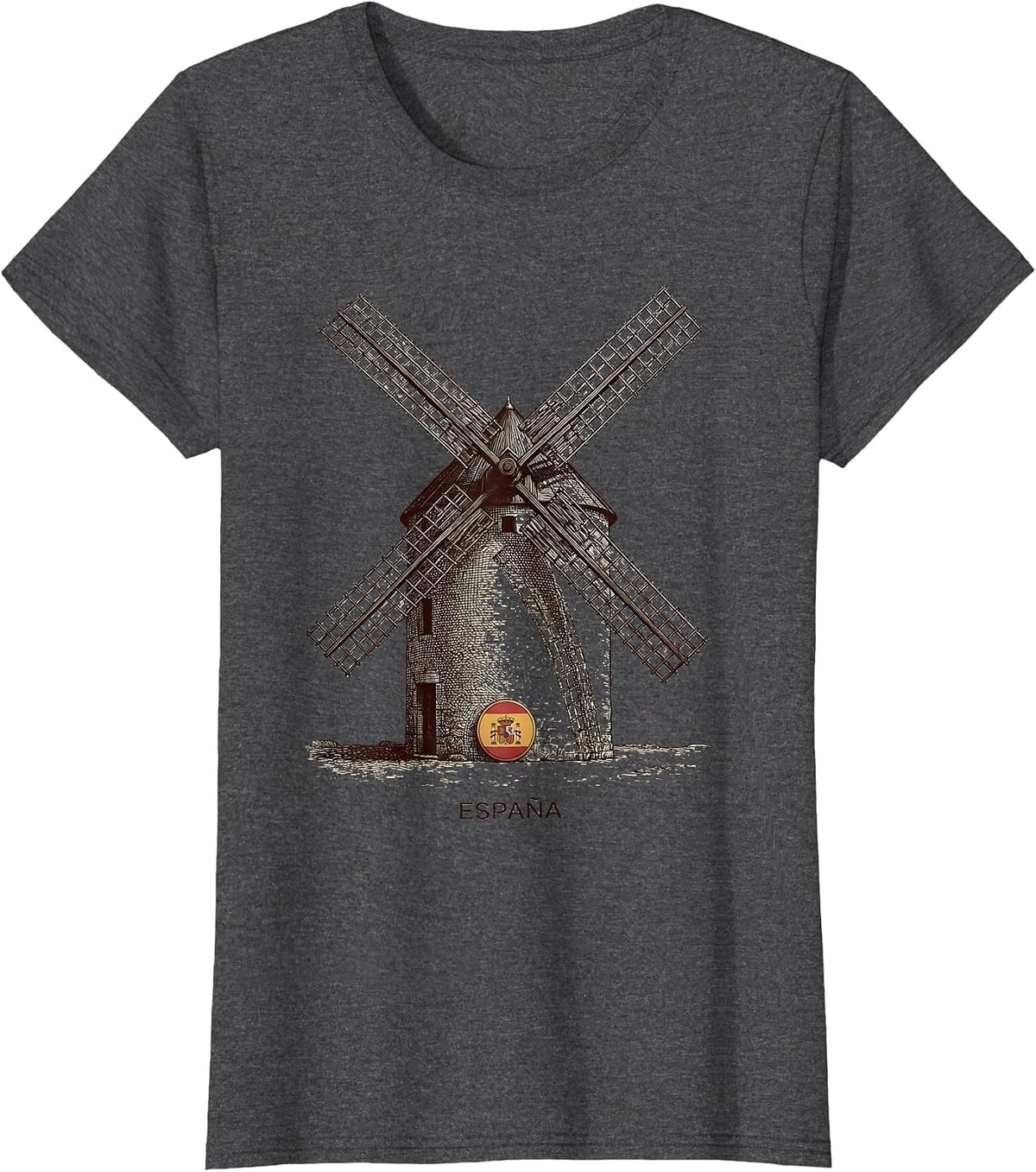 Women's ESPAÑA Crosshatch Etched Spanish Windmill Souvenir National T-Shirt - Dark Heather Grey
