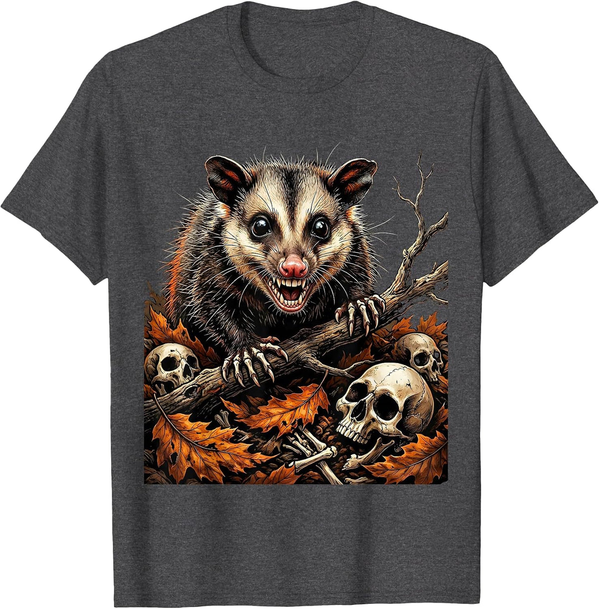 Opossum in Autumn Leaves Fall Nature Design T-Shirt - Dark Heather Grey