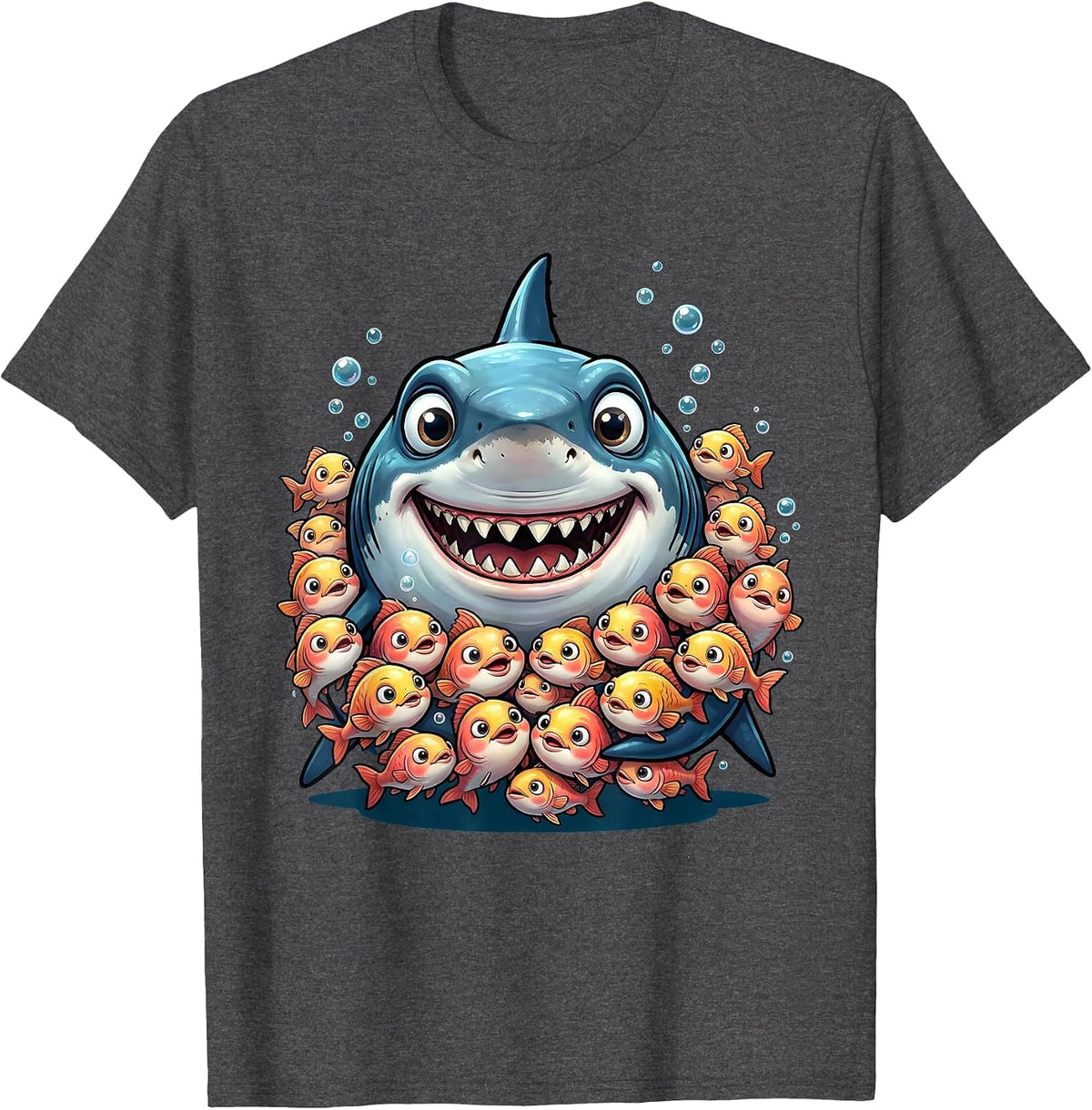 Men's Mommy Shark Ocean Mom Surrounded by Baby Fish T-Shirt - Dark Heather Grey