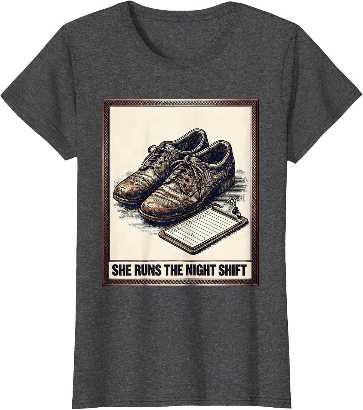 Women's She Runs The Night Shift Crosshatch Etching Nurse Humor T-Shirt - Dark Heather Grey