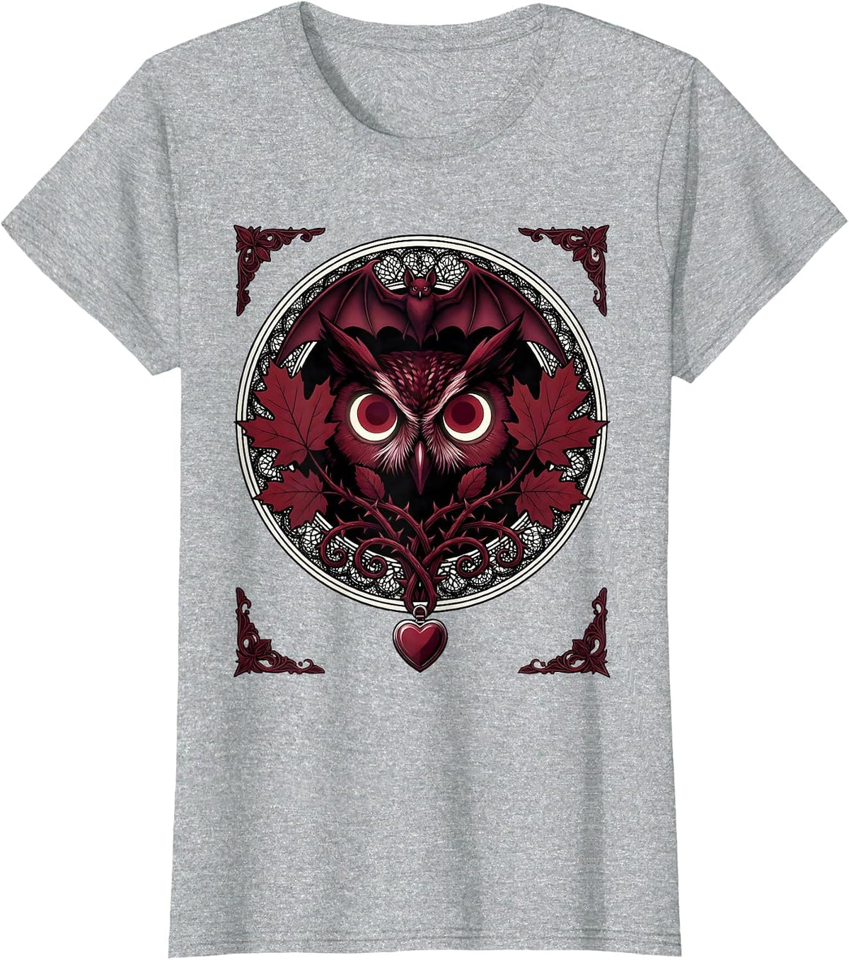 Women's Owl Eyes Peering Through Autumn Leaves Halloween T-Shirt - Heather Grey