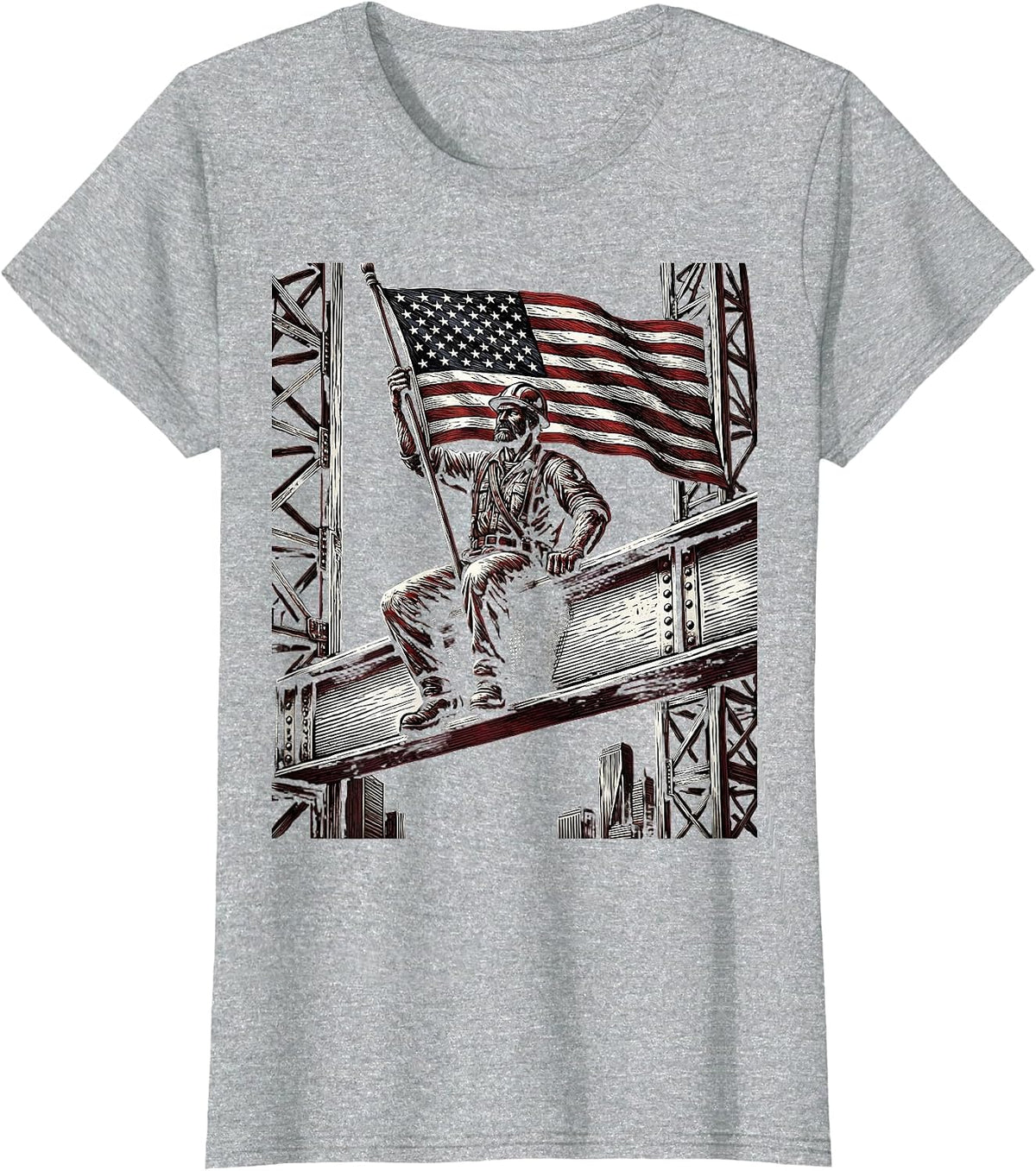 American Flag Construction Worker Steel Beam T-Shirt - Heather Grey