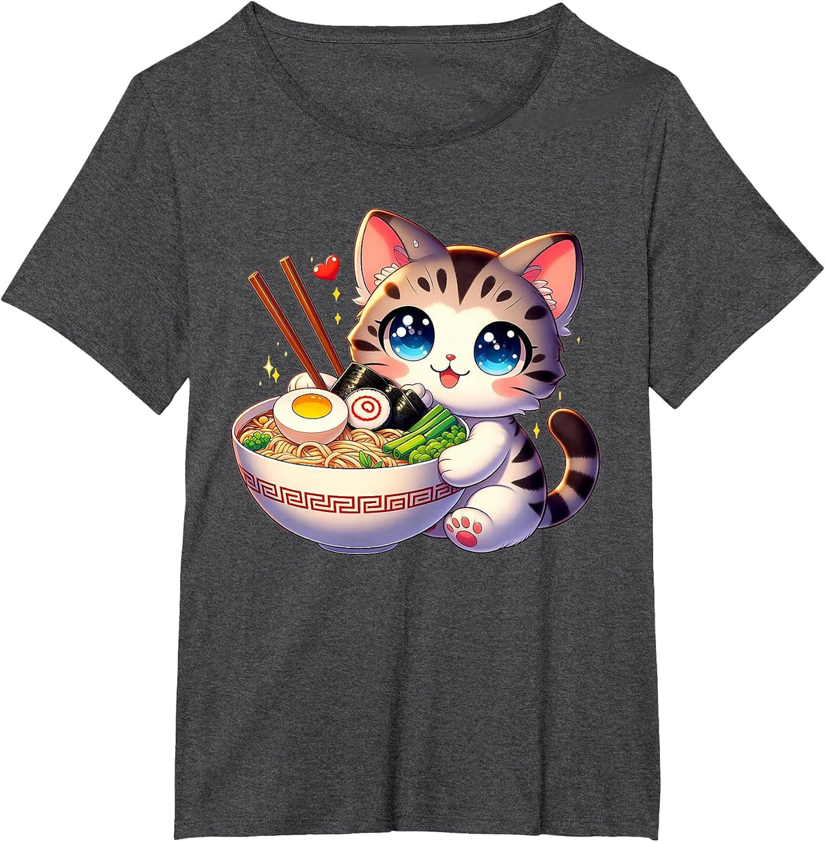 Cat Ramen Noodles Anime Kawaii Japanese Cat T-Shirt - Dark Heather Grey