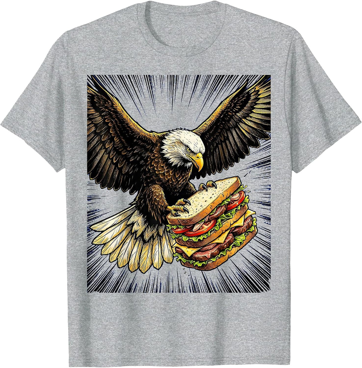 Men's Eagle Carrying Giant Sandwich Funny Bird Art T-Shirt - Heather Grey