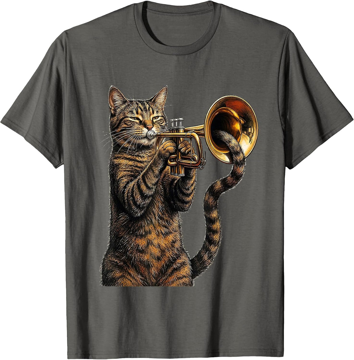 Men's Trumpet Cat Jazz Musician Funny Rock And Roll T-Shirt - Asphalt Grey