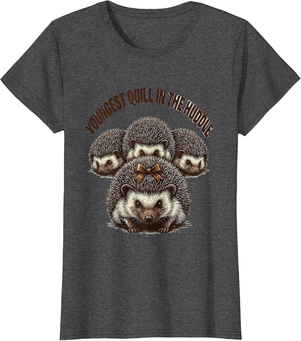 Women's Youngest Quill In The Huddle Cute Hedgehog Christmas Humor T-Shirt - Dark Heather Grey