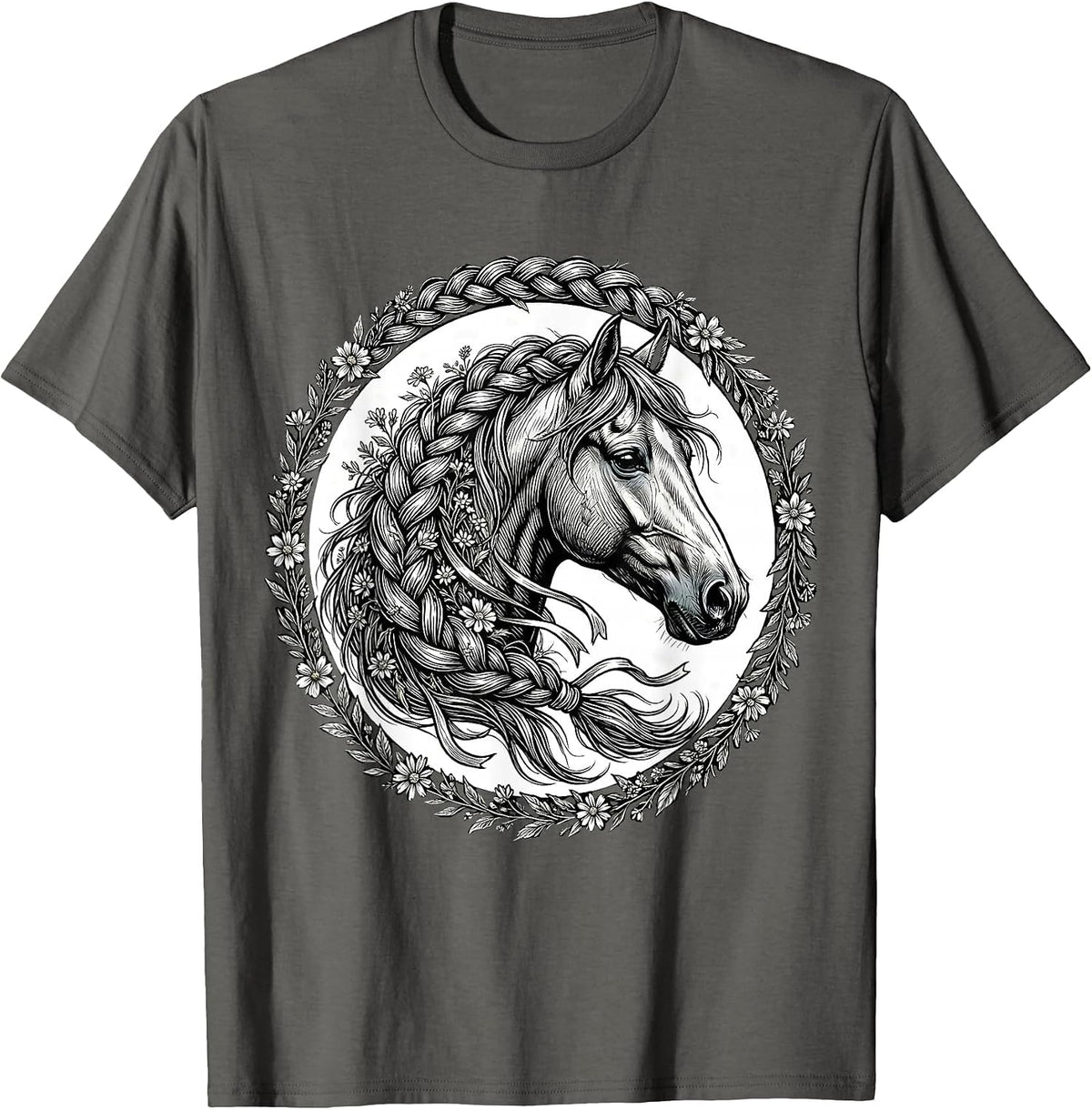 Braided Horse Mane Wildflowers and Ribbon Art T-Shirt - Asphalt Grey
