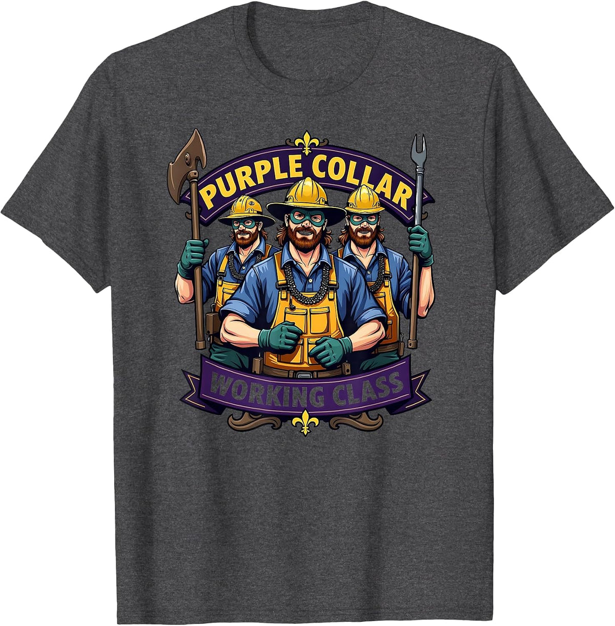 Purple Collar Working Class Mardi Gras Design T-Shirt - Dark Heather Grey