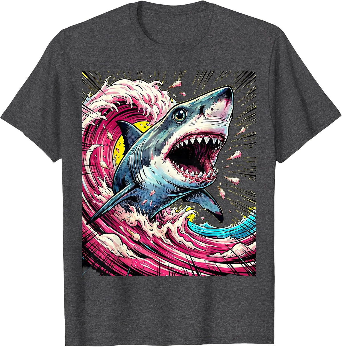 Shark Ice Cream Wave Burst Graphic Tee T-Shirt - Dark Heather Grey