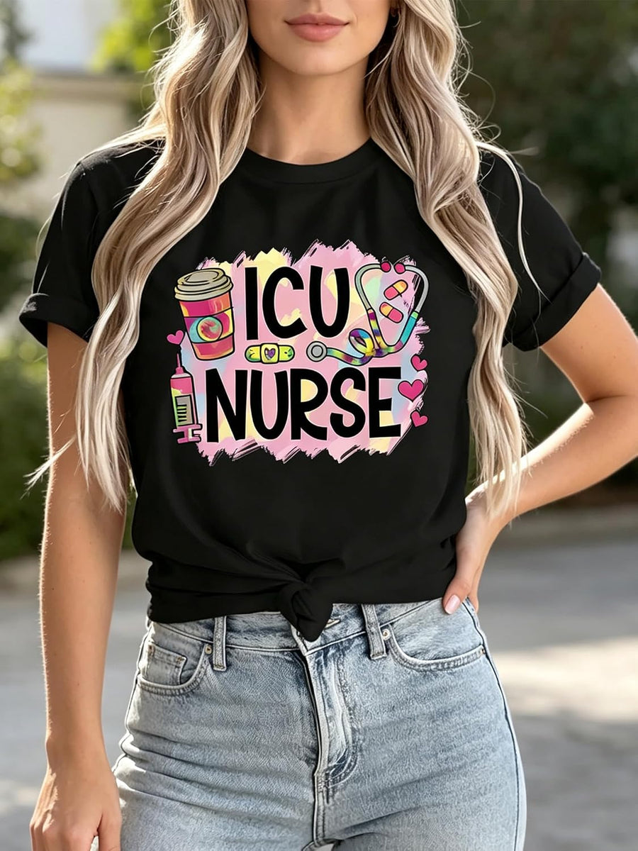 Womens Graphic T Shirts Short Sleeve Crew Neck Letter Watercolor Print Summer Casual Tees Shirt Tee Tops - Black