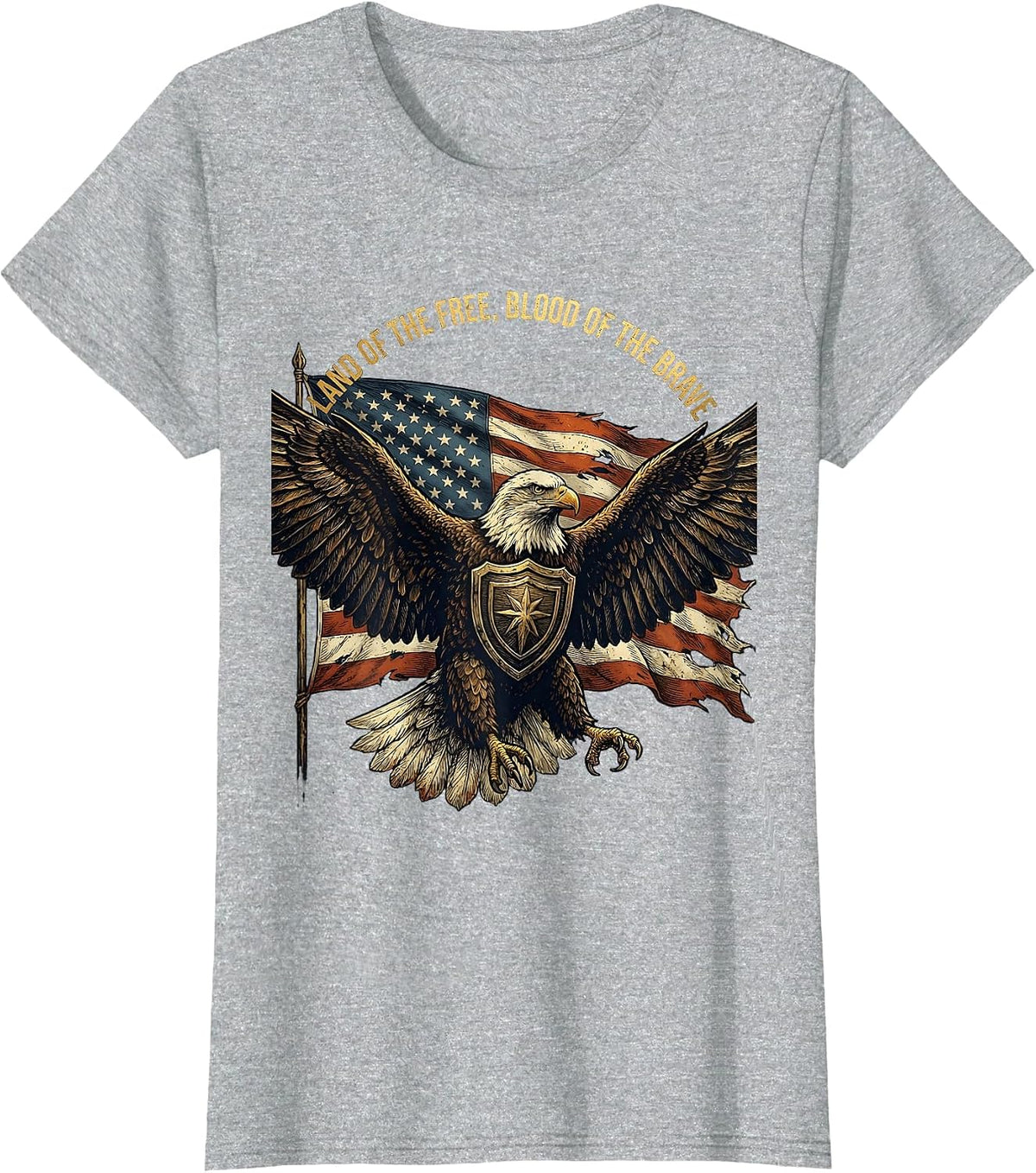 Land of the Free, Blood of the Brave Patriotic Eagle Design T-Shirt - Heather Grey
