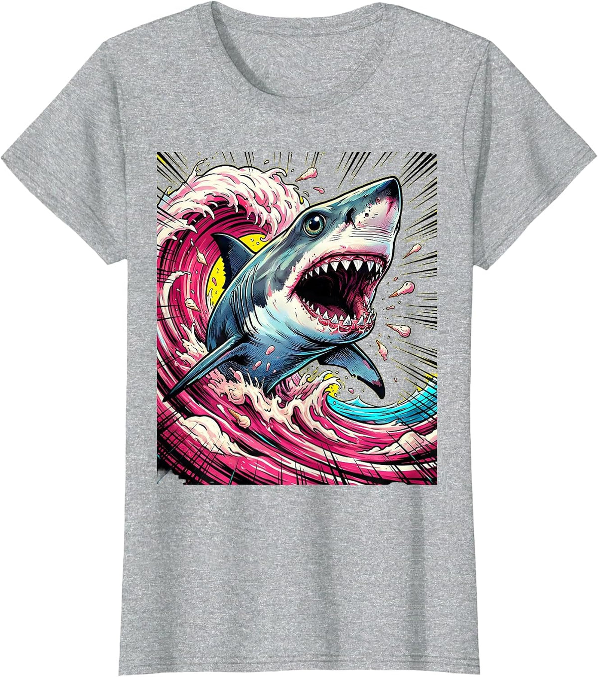 Shark Ice Cream Wave Burst Graphic Tee T-Shirt - Heather Grey