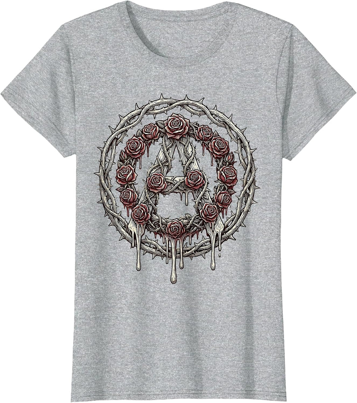 Women's Dripping Rose Anarchy Symbol Punk Art Design T-Shirt - Heather Grey